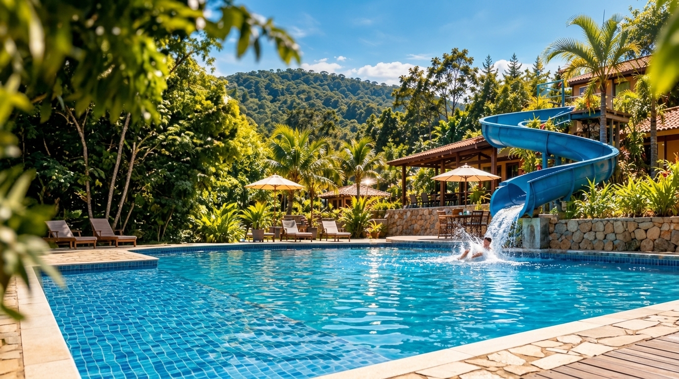 Piscina com tobogã do Sítio Hostel Natureza